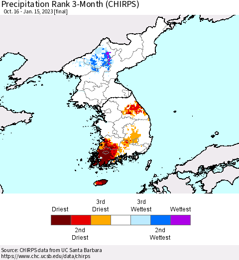 Korea Precipitation Rank since 1981, 3-Month (CHIRPS) Thematic Map For 10/16/2022 - 1/15/2023