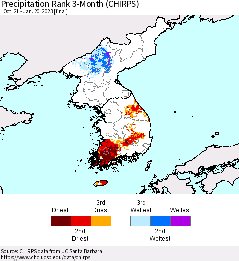 Korea Precipitation Rank since 1981, 3-Month (CHIRPS) Thematic Map For 10/21/2022 - 1/20/2023