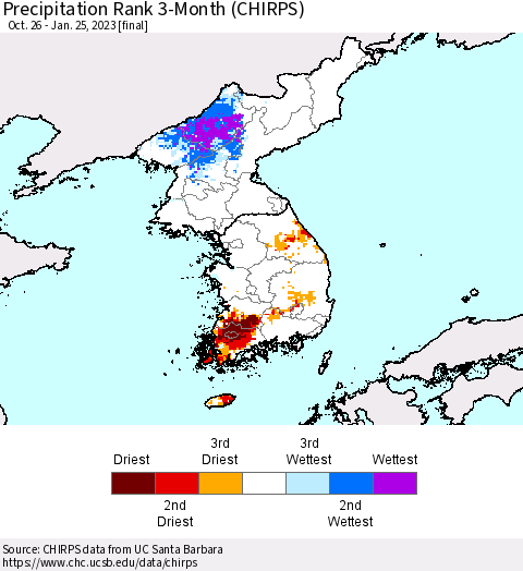 Korea Precipitation Rank since 1981, 3-Month (CHIRPS) Thematic Map For 10/26/2022 - 1/25/2023