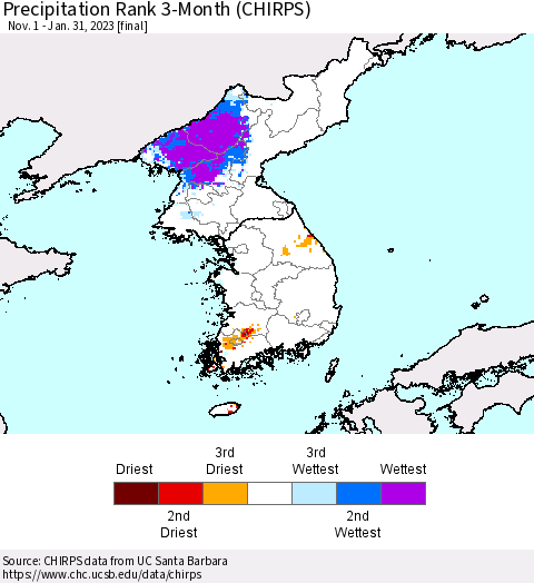 Korea Precipitation Rank since 1981, 3-Month (CHIRPS) Thematic Map For 11/1/2022 - 1/31/2023