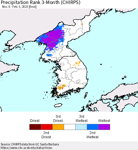 Korea Precipitation Rank since 1981, 3-Month (CHIRPS) Thematic Map For 11/6/2022 - 2/5/2023