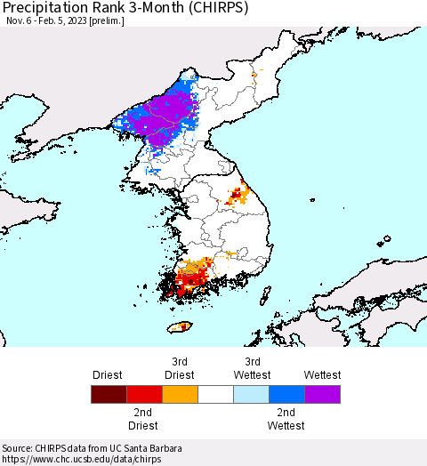 Korea Precipitation Rank 3-Month (CHIRPS) Thematic Map For 11/6/2022 - 2/5/2023