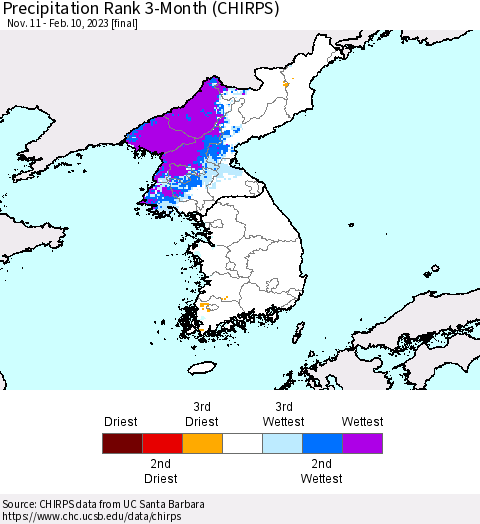 Korea Precipitation Rank since 1981, 3-Month (CHIRPS) Thematic Map For 11/11/2022 - 2/10/2023