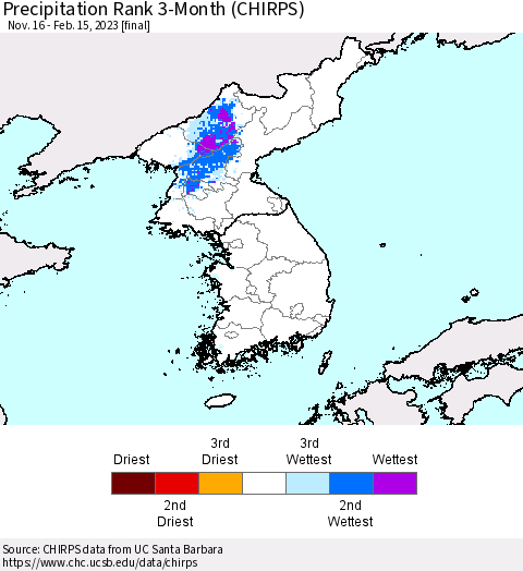 Korea Precipitation Rank since 1981, 3-Month (CHIRPS) Thematic Map For 11/16/2022 - 2/15/2023