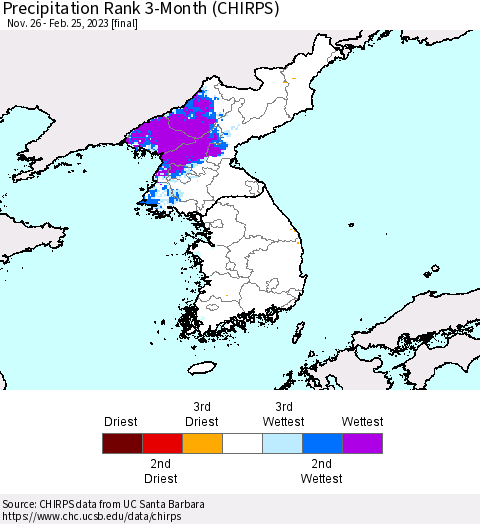 Korea Precipitation Rank since 1981, 3-Month (CHIRPS) Thematic Map For 11/26/2022 - 2/25/2023