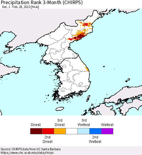 Korea Precipitation Rank since 1981, 3-Month (CHIRPS) Thematic Map For 12/1/2022 - 2/28/2023