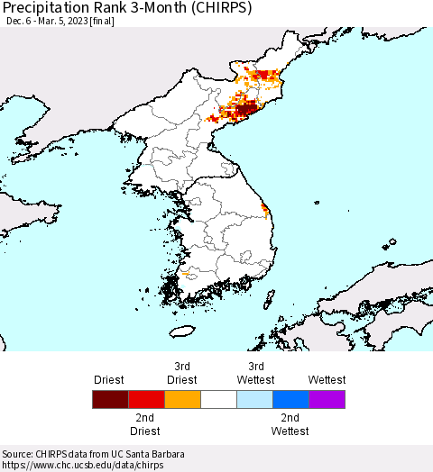 Korea Precipitation Rank since 1981, 3-Month (CHIRPS) Thematic Map For 12/6/2022 - 3/5/2023