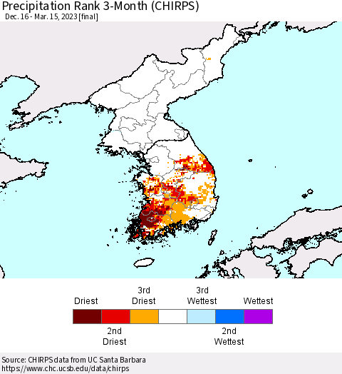 Korea Precipitation Rank since 1981, 3-Month (CHIRPS) Thematic Map For 12/16/2022 - 3/15/2023