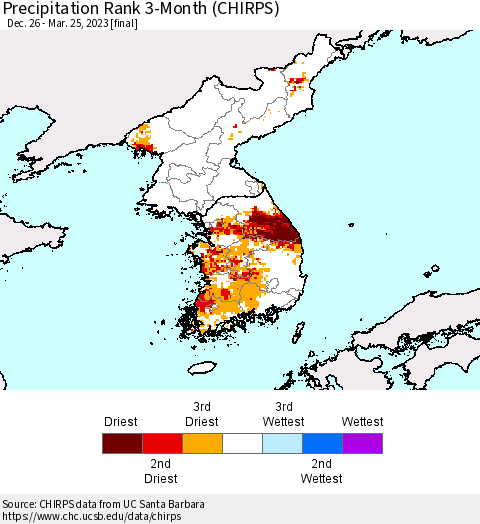 Korea Precipitation Rank since 1981, 3-Month (CHIRPS) Thematic Map For 12/26/2022 - 3/25/2023