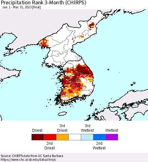 Korea Precipitation Rank since 1981, 3-Month (CHIRPS) Thematic Map For 1/1/2023 - 3/31/2023