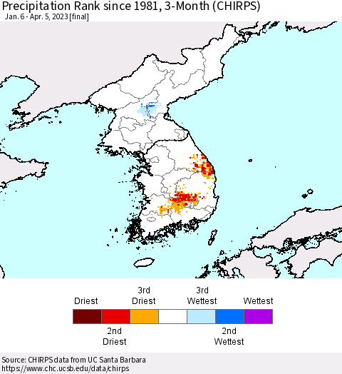 Korea Precipitation Rank since 1981, 3-Month (CHIRPS) Thematic Map For 1/6/2023 - 4/5/2023