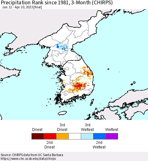 Korea Precipitation Rank since 1981, 3-Month (CHIRPS) Thematic Map For 1/11/2023 - 4/10/2023