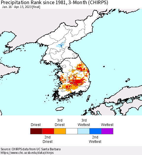 Korea Precipitation Rank since 1981, 3-Month (CHIRPS) Thematic Map For 1/16/2023 - 4/15/2023