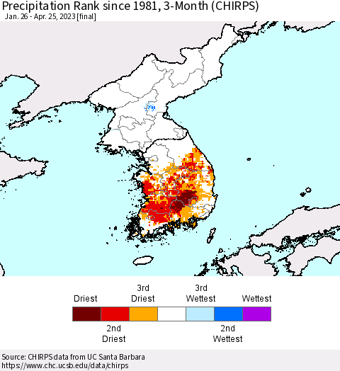 Korea Precipitation Rank since 1981, 3-Month (CHIRPS) Thematic Map For 1/26/2023 - 4/25/2023