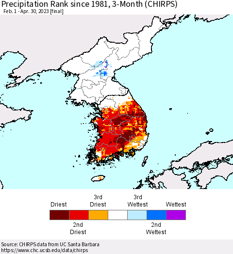 Korea Precipitation Rank since 1981, 3-Month (CHIRPS) Thematic Map For 2/1/2023 - 4/30/2023