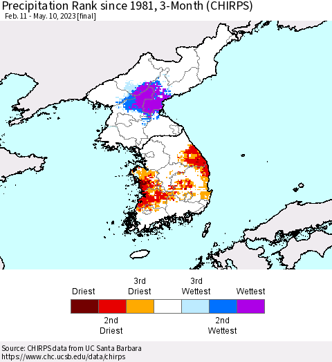 Korea Precipitation Rank since 1981, 3-Month (CHIRPS) Thematic Map For 2/11/2023 - 5/10/2023