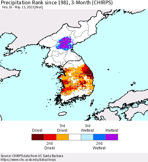 Korea Precipitation Rank since 1981, 3-Month (CHIRPS) Thematic Map For 2/16/2023 - 5/15/2023