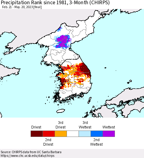 Korea Precipitation Rank since 1981, 3-Month (CHIRPS) Thematic Map For 2/21/2023 - 5/20/2023