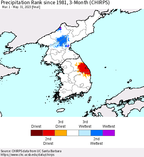 Korea Precipitation Rank since 1981, 3-Month (CHIRPS) Thematic Map For 3/1/2023 - 5/31/2023