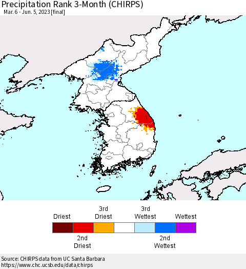 Korea Precipitation Rank since 1981, 3-Month (CHIRPS) Thematic Map For 3/6/2023 - 6/5/2023