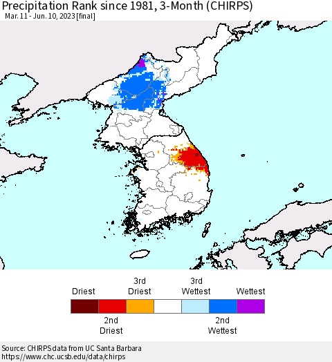 Korea Precipitation Rank since 1981, 3-Month (CHIRPS) Thematic Map For 3/11/2023 - 6/10/2023
