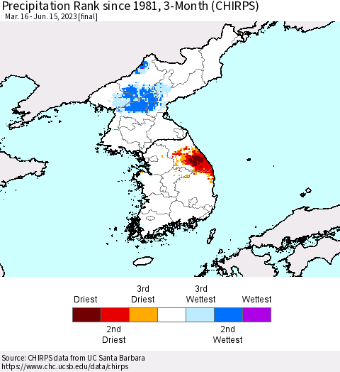 Korea Precipitation Rank since 1981, 3-Month (CHIRPS) Thematic Map For 3/16/2023 - 6/15/2023