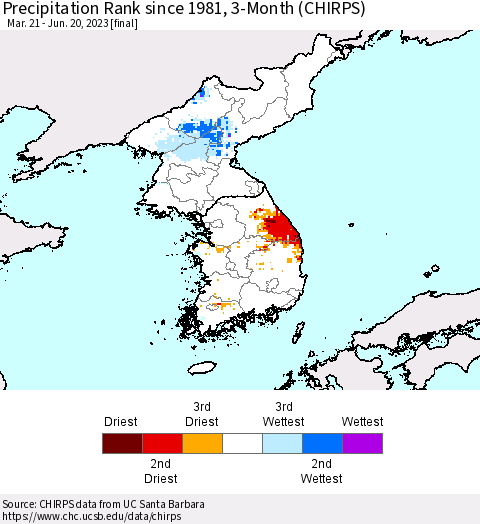 Korea Precipitation Rank since 1981, 3-Month (CHIRPS) Thematic Map For 3/21/2023 - 6/20/2023