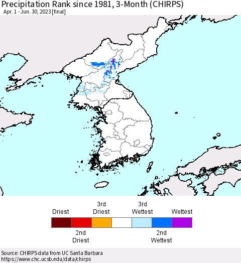 Korea Precipitation Rank since 1981, 3-Month (CHIRPS) Thematic Map For 4/1/2023 - 6/30/2023