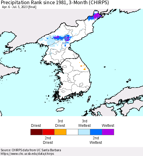Korea Precipitation Rank since 1981, 3-Month (CHIRPS) Thematic Map For 4/6/2023 - 7/5/2023