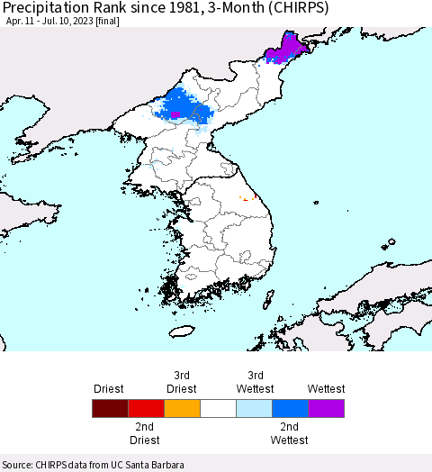 Korea Precipitation Rank since 1981, 3-Month (CHIRPS) Thematic Map For 4/11/2023 - 7/10/2023