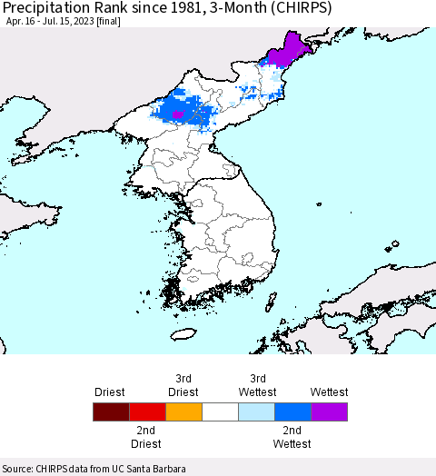 Korea Precipitation Rank since 1981, 3-Month (CHIRPS) Thematic Map For 4/16/2023 - 7/15/2023