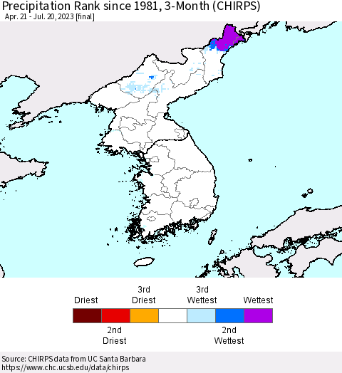 Korea Precipitation Rank since 1981, 3-Month (CHIRPS) Thematic Map For 4/21/2023 - 7/20/2023