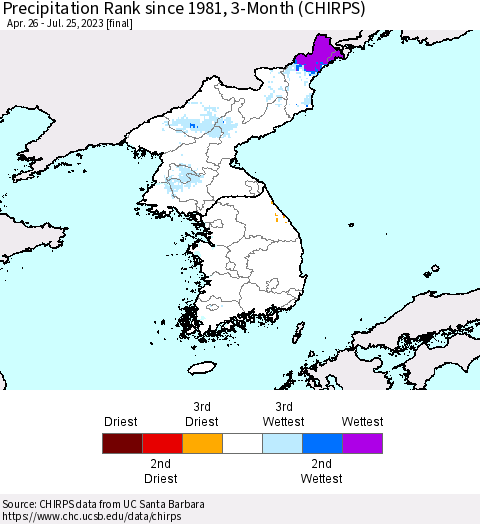Korea Precipitation Rank since 1981, 3-Month (CHIRPS) Thematic Map For 4/26/2023 - 7/25/2023