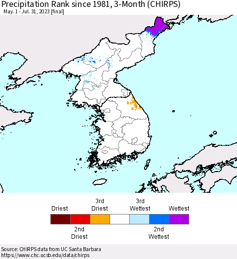 Korea Precipitation Rank since 1981, 3-Month (CHIRPS) Thematic Map For 5/1/2023 - 7/31/2023