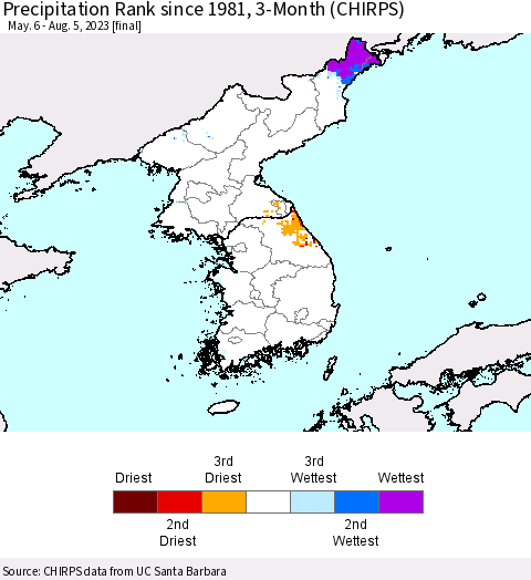 Korea Precipitation Rank since 1981, 3-Month (CHIRPS) Thematic Map For 5/6/2023 - 8/5/2023
