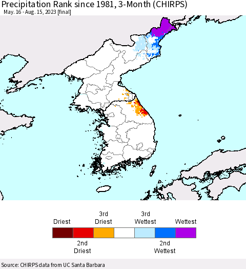 Korea Precipitation Rank since 1981, 3-Month (CHIRPS) Thematic Map For 5/16/2023 - 8/15/2023