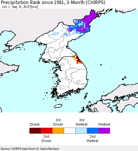 Korea Precipitation Rank since 1981, 3-Month (CHIRPS) Thematic Map For 6/1/2023 - 8/31/2023