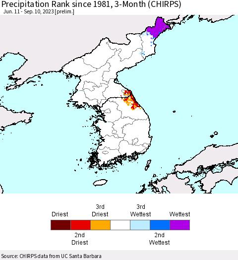 Korea Precipitation Rank since 1981, 3-Month (CHIRPS) Thematic Map For 6/11/2023 - 9/10/2023
