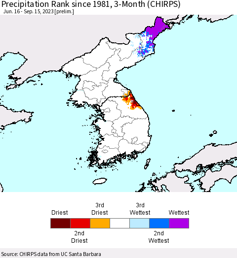 Korea Precipitation Rank since 1981, 3-Month (CHIRPS) Thematic Map For 6/16/2023 - 9/15/2023