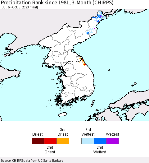 Korea Precipitation Rank since 1981, 3-Month (CHIRPS) Thematic Map For 7/6/2023 - 10/5/2023
