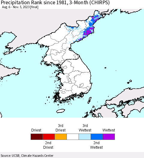 Korea Precipitation Rank since 1981, 3-Month (CHIRPS) Thematic Map For 8/6/2023 - 11/5/2023