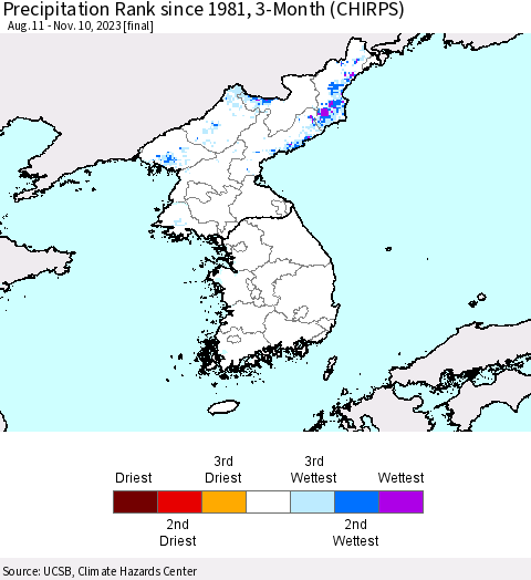 Korea Precipitation Rank since 1981, 3-Month (CHIRPS) Thematic Map For 8/11/2023 - 11/10/2023