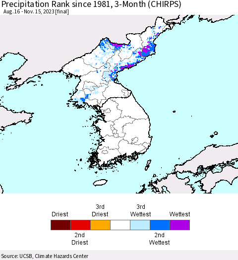 Korea Precipitation Rank since 1981, 3-Month (CHIRPS) Thematic Map For 8/16/2023 - 11/15/2023