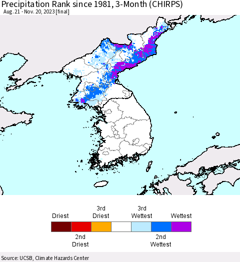 Korea Precipitation Rank since 1981, 3-Month (CHIRPS) Thematic Map For 8/21/2023 - 11/20/2023