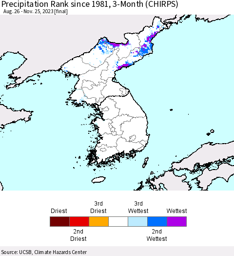 Korea Precipitation Rank since 1981, 3-Month (CHIRPS) Thematic Map For 8/26/2023 - 11/25/2023