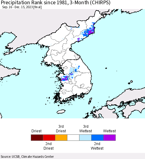 Korea Precipitation Rank since 1981, 3-Month (CHIRPS) Thematic Map For 9/16/2023 - 12/15/2023