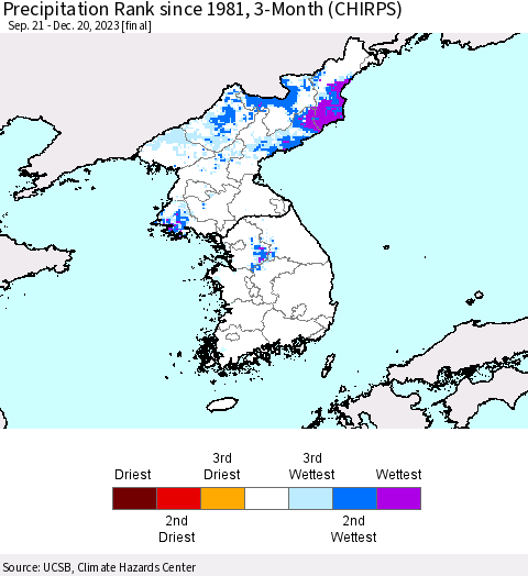 Korea Precipitation Rank since 1981, 3-Month (CHIRPS) Thematic Map For 9/21/2023 - 12/20/2023