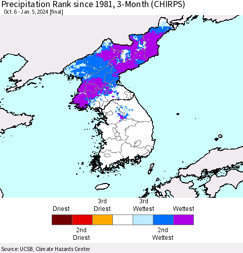 Korea Precipitation Rank since 1981, 3-Month (CHIRPS) Thematic Map For 10/6/2023 - 1/5/2024