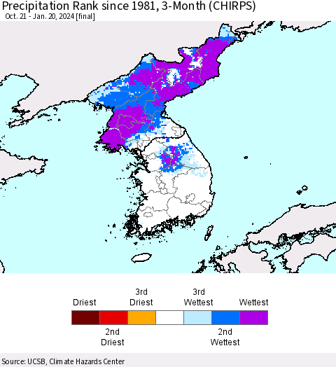 Korea Precipitation Rank since 1981, 3-Month (CHIRPS) Thematic Map For 10/21/2023 - 1/20/2024