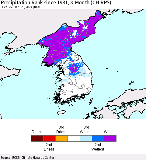 Korea Precipitation Rank since 1981, 3-Month (CHIRPS) Thematic Map For 10/26/2023 - 1/25/2024